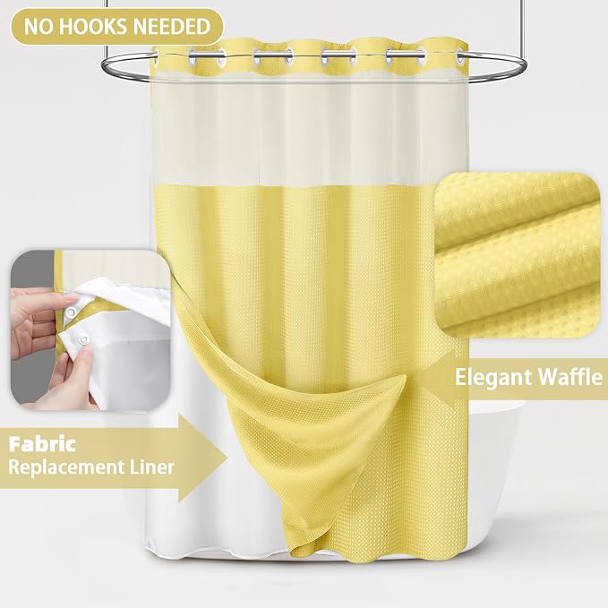 No Hook Shower Curtain with Liner Set Hotel Waffle Curtain Yellow 72W X 75L | Washable Snap in Fabric Liner, Mesh Top Window, Waffle Hotel Style Shower Curtain Set
