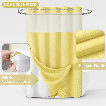 No Hook Shower Curtain with Liner Set Hotel Waffle Curtain Yellow 72W X 75L | Washable Snap in Fabric Liner, Mesh Top Window, Waffle Hotel Style Shower Curtain Set