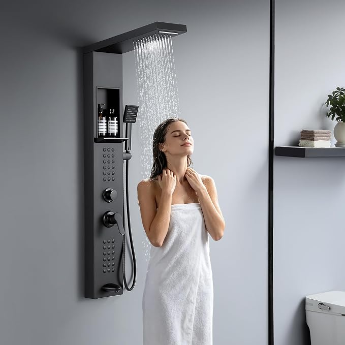 5 in 1 Rainfall Waterfall Shower Panel Tower with Shelf, Matte Black | Stainless Steel Shower Column with Powerful Body Jets, Flexible Handheld Shower and Tub Spout