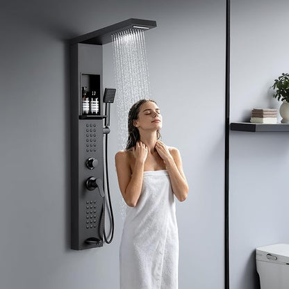 5 in 1 Rainfall Waterfall Shower Panel Tower with Shelf, Matte Black | Stainless Steel Shower Column with Powerful Body Jets, Flexible Handheld Shower and Tub Spout