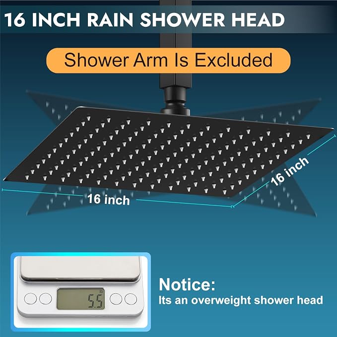 Midanya Square Rain Shower Head,High Pressure,Matte Black 16 Inch | 360°Swivel,Ceiling or Wall Mount,Waterfall Full Body Coverage,Bathroom Remodel,Stainless Steel Large Rainfall Shower Head
