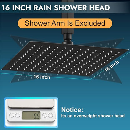 Midanya Square Rain Shower Head,High Pressure,Matte Black 16 Inch | 360°Swivel,Ceiling or Wall Mount,Waterfall Full Body Coverage,Bathroom Remodel,Stainless Steel Large Rainfall Shower Head