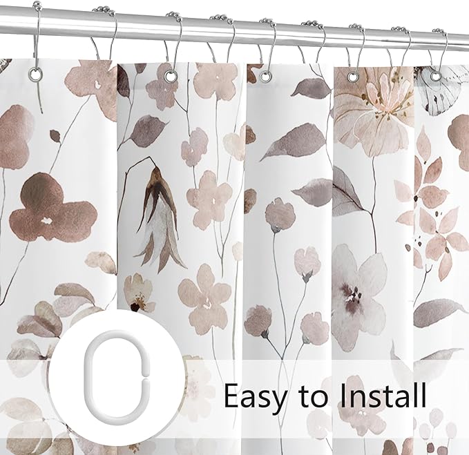 Extra Long Shower Curtain 72 x 96 Inch, Floor to Ceiling X-Long Brown Floral Shower Curtain, Watercolor Flower Butterfly Fabric Shower Curtain Set with Hooks
