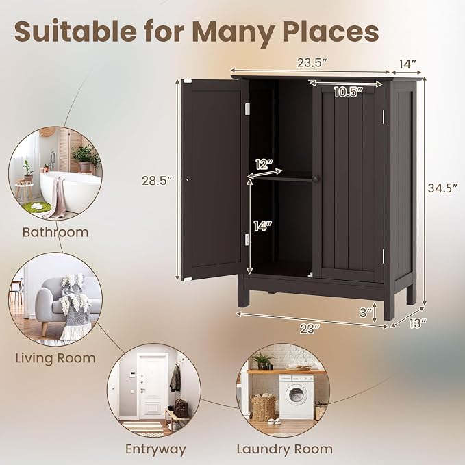 COSTWAY Bathroom Storage Cabinet, Freestanding Bathroom Organizers and Storage with Doors & Adjustable Shelf, Wooden Floor Cabinet for Home, Living Room, Entryway, Kitchen (Brown) | Storage with Doors & Adjustable Shelf, Wooden Floor Cabinet for Home, ...