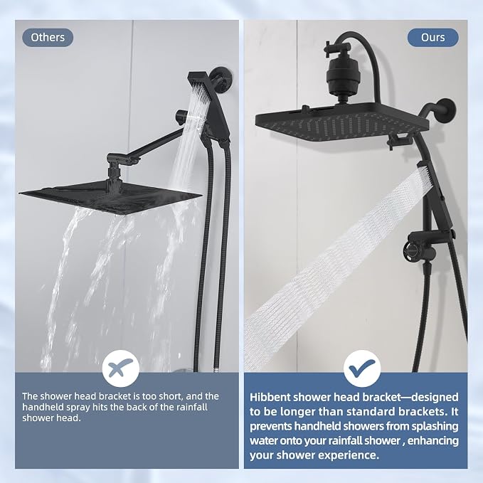 Hibbent 5-spray Filtered Rain Shower Head, 4-Spray Shower Wand, Matte Black | cUPC Certified High Pressure Rainfall Showerhead Combo, All Metal 4-way Diverter Extension Arm & Handheld Spray, 71'' Hose