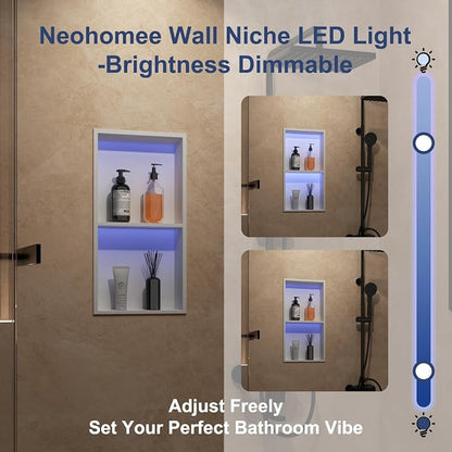 2-Tiers 12x24 Wall Niche with RGB LED Light Strips, White Shower Niche Cabinet, Stainless Steel Bathroom Shelf, NO Tile Needed Recessed Cubby Storage Organizer