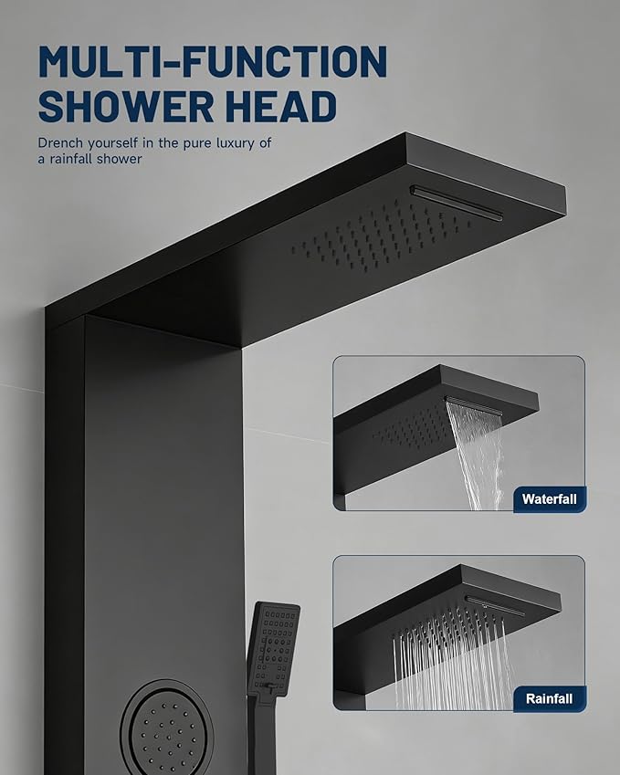 Homevacious Shower Panel Tower System Rainfall Waterfall Shower Head 3 Massage Body Jets Handheld Shower Head and Tub Spout Wall Mounted Multi-Function Bathroom Shower Panel Matte Black