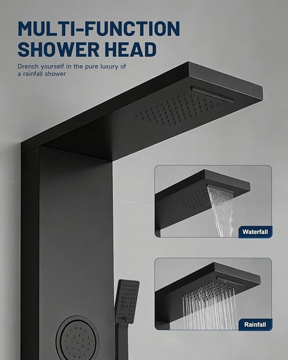 Homevacious Shower Panel Tower System Rainfall Waterfall Shower Head 3 Massage Body Jets Handheld Shower Head and Tub Spout Wall Mounted Multi-Function Bathroom Shower Panel Matte Black
