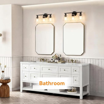 TALOYA 19 Inch Brushed Black Bathroom Light Fixtures with Thickend Clear Tapered Glass Shade, 3-Light Modern Vanity Light Over Mirror for Bathrooms, Bedrooms (Bulbs Not Included)