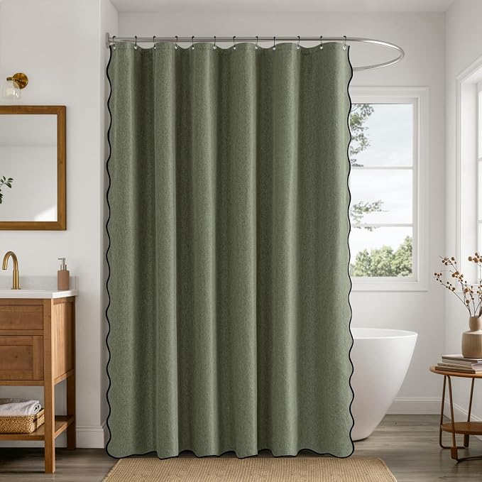 ANRODUO Olive Green Scalloped Linen Textured Shower Curtain, W72 x L80 | Boho Farmhouse Shower Curtain with 12 Metal Hooks, Machine Washable Waterproof Heavy Duty Fabric for Bathroom Bathtub