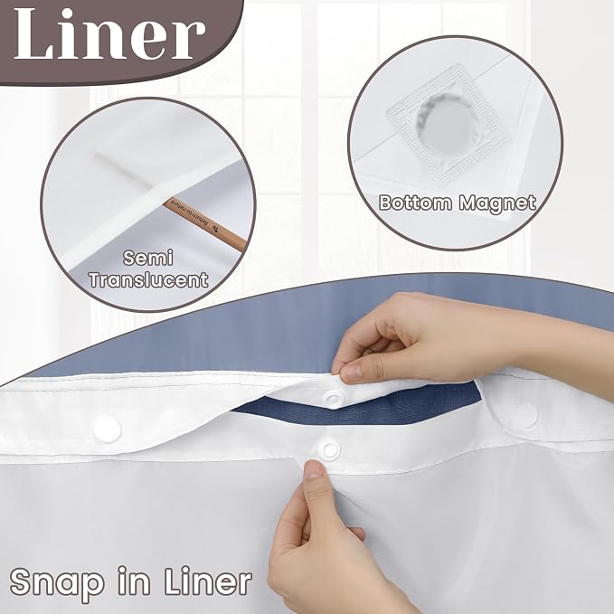 SORTTO No Hook Slub Shower Curtain with Liner, 71x74, Navy | Snap in Liner, 3 in 1, Bamboo Texture, Hotel Style, Waterproof Fabric, Mesh Top Window, Corner Magnets, Machine Washable