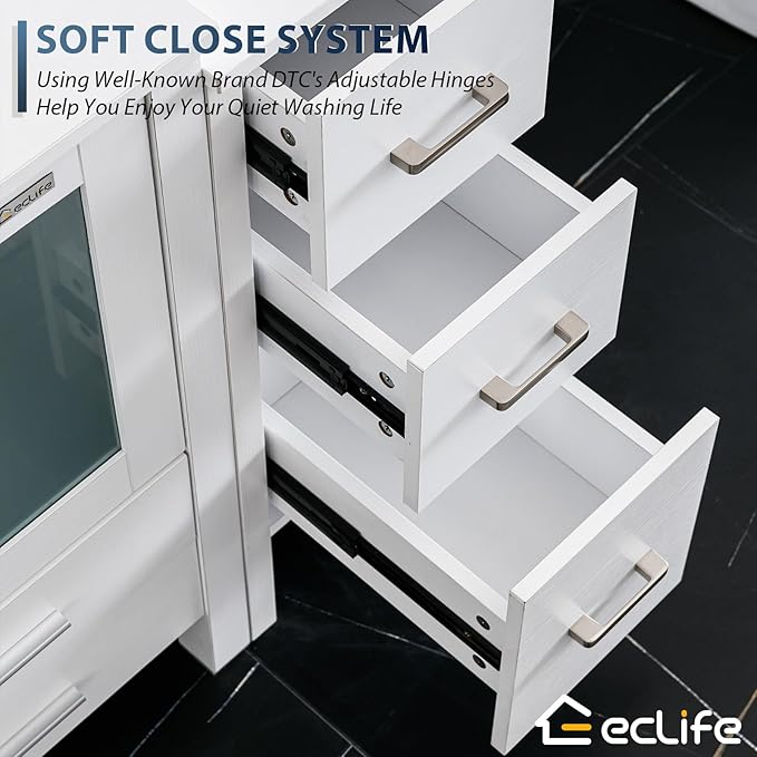 eclife 84" Modern Bathroom Vanity Sink Combo Freestanding Cabinet with Small Side Cabinet, Turquoise Square Glass Vessel Sink, Water Save Faucet, Drain (White+A10)