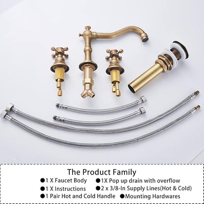 GGStudy 8 inch 2 Handles 3 Holes Widespread Bathroom Sink Faucet Antique Brass Bathroom Vanity Faucet Basin Mixer Tap Faucet Matching Metal Pop Up Drain with Overflow