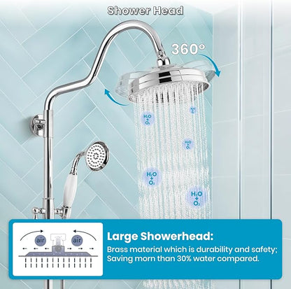 gotonovo Luxury Exposed Shower Faucet Set Bathroom Shower System 8 Inch Wall Mount Rainfall Shower Head with Handheld Spray Cross Double Handle Shower Fixture Adjustable Arc Rod Polish Chrome