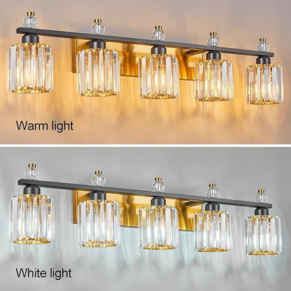 Bathroom Vanity Lights 5-Light Black Gold Modern Crystal Vanity Light Fixtures Over Mirror Crystal Bathroom Vanity Lighting Fixtures