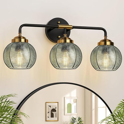 Bathroom Light Fixtures, 3-Light Green Vanity Lights with Unique Leaf Texture Glass Shade, Modern Matte Black and Gold Bathroom Wall Lamp for Mirror Hallway Cabinet Living Room