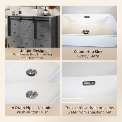 VNN Bathroom Vanity with Sink - 48 Inch Bathroom Vanity with Sink Ceramic, Freestanding Cabinet with Farmhouse Sliding Barn Door and 7 Drawers, Space-Saving Storage Cabinet, Grey