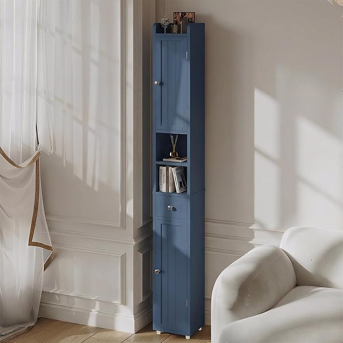 ChooChoo Narrow Bathroom Storage Cabinet with Adjustable Shelves, Tall Storage Cabinet with 2 Doors and 1 Drawer, Freestanding Cupboard for Small Spaces, Blue