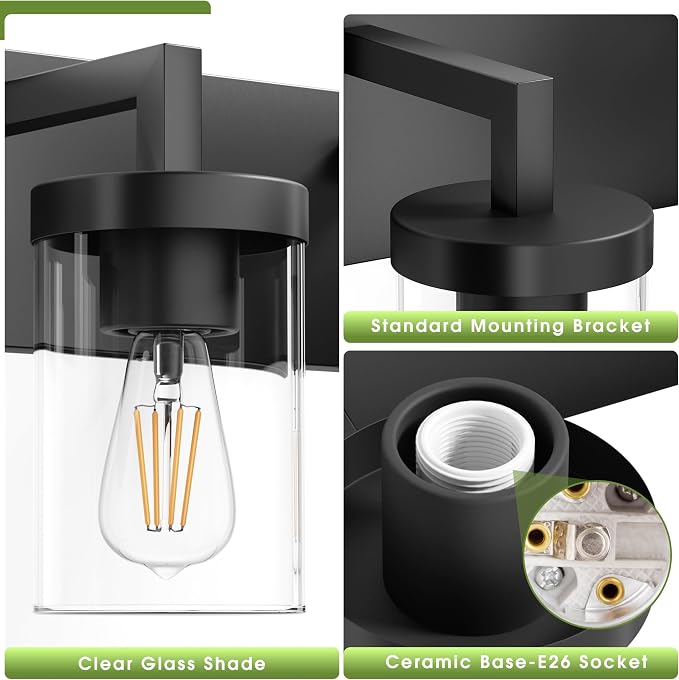 Bathroom Vanity Light, 4 Light Matte Black Vanity Light with Clear Glass Shade, 30in Farmhouse Vanity Light, Bathroom Lighting Fixtures Over Mirror for Bathroom