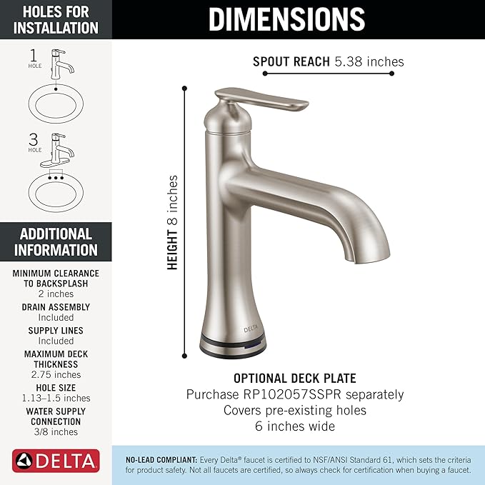 Delta Bonacci Touchless Bathroom Faucet 1-Hole with Touch On Technology, Brushed Nickel Single Hole Bathroom Sink Faucet, Metal Push-Pop Drain, Lumicoat Stainless 545T-SS-PR-DST