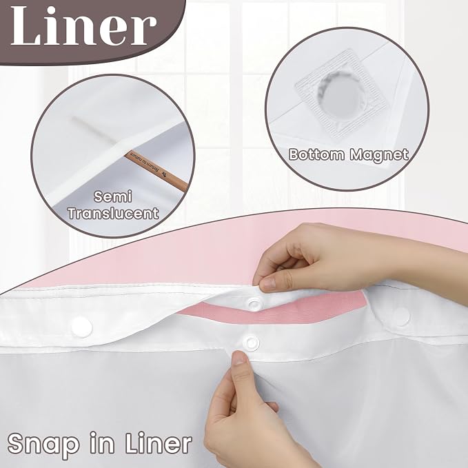 SORTTO No Hook Slub Shower Curtain with Liner, 71x74, Pink | Snap in Liner, 3 in 1, Bamboo Texture, Hotel Style, Waterproof Fabric, Mesh Top Window, Corner Magnets, Machine Washable