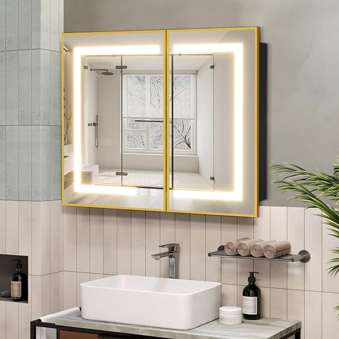 ROOMTEC 36 x 30 Inch Medicine Cabinet Mirror with LED Lights, Gold Bathroom Medicine Cabinet with Mirror and Storage, Recessed or Wall Mount, 3 Color Temperature, Dimmable Light