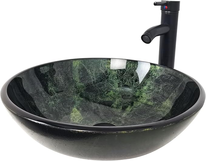 Vessel Sink 16.5" Bathroom Sinks Tempered Glass Green Art Basin Round Bowl with Faucet Combo Green,Countertop Bowl Sink for Lavatory Vanity Cabinet