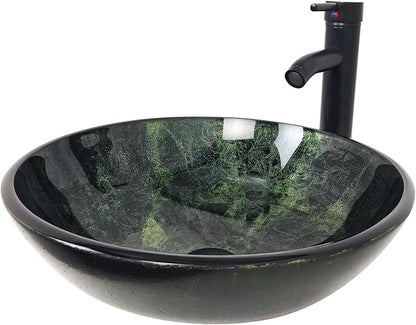 Vessel Sink 16.5" Bathroom Sinks Tempered Glass Green Art Basin Round Bowl with Faucet Combo Green,Countertop Bowl Sink for Lavatory Vanity Cabinet