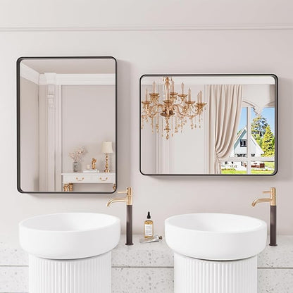 Black Bathroom Mirror 21X30 Inch, Black Metal Framed Mirror for Wall, Rounded Rectangle Matte Bathroom Vanity Mirror with Tempered Glass, Anti-Rust, Horizontal/Vertical