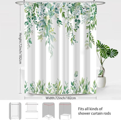 Light Green Floral Eucalyptus Shower Curtain with Hooks, 72x72 Inch | Waterproof Fabric, Watercolor Leaves and Floral, Botanical Style, Machine Washable, Quick-Drying, for Hotel Bathroom