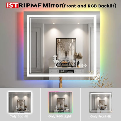 44x30 Inch RGB LED Bathroom Mirror with Lights | Front and RGB Backlit, Dimmable, Memory, Anti Fog, Shatterproof, Horizontal/Vertical, Lighted Mirrors for Bathroom Wall