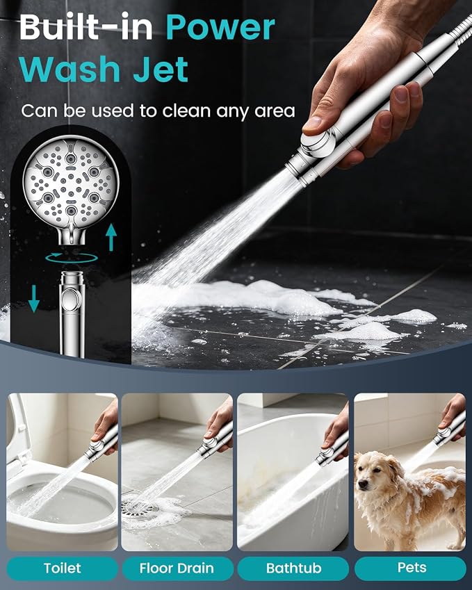 Shower Head with Handhled High Pressure Hand held Showerhead | 9 Modes, ON/OFF Switch Shower Heads with 71" Long Hose Built-in Power Wash, Bracket, Adhesive Shower Holder for Lower Mount