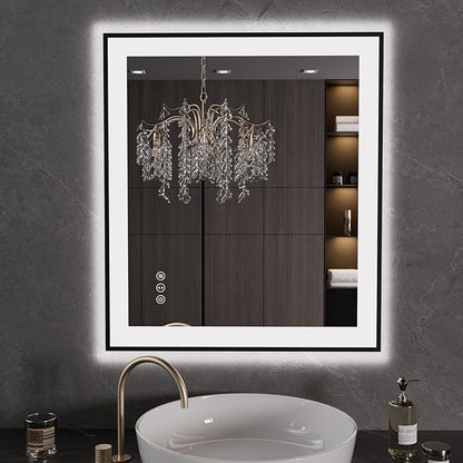 LOAAO 28"X32" LED Bathroom Mirror Black Framed | Anti-Fog, Dimmable, Memory Function, Tempered Glass, Lighted Vanity Mirror for Wall