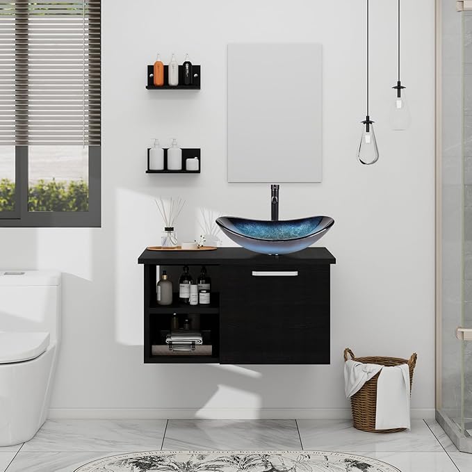 YOURLITE 28 Inches Bathroom Vanity with Mirror Modern Lavatory Wall Mounted Cabinet with Single Faucet Hole