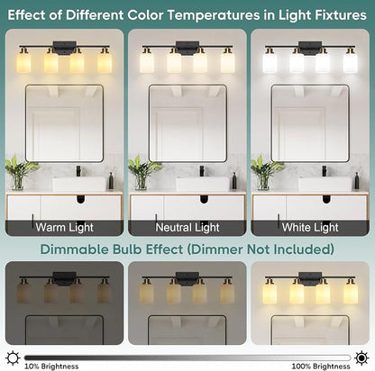 Ascher Bathroom Light Fixtures, 4-Light Vanity Light Over Mirror, Black and Gold Wall Sconces with Milky White Frosted Glass Shades, Wall Lamp for Living Room Bedroom, E26 Base(Bulbs Not Included)