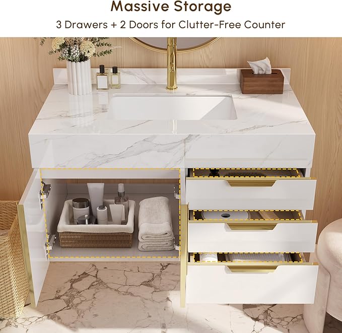 Bathroom Vanity with Sink, Modern Bathroom Vanity with Faux Marble Top, Gold Hardware & Soft-Close Drawers for Bathroom Storage (35.4 Inch, White, Single Sink & Floating)