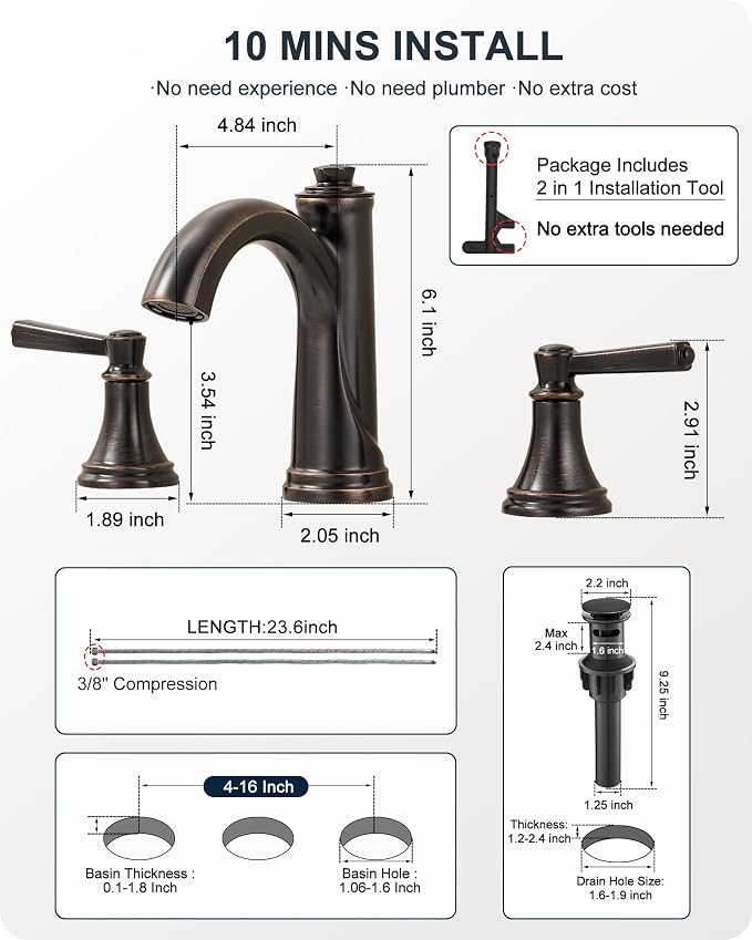 Oil Rubbed Bronze Bathroom Faucet 3 Hole, 8 Inch 2 Handles with Drain | Lead-Free Brass, Widespread Bathroom Sink Faucet, Pre-installed cUPC Supply Lines, 10 Mins Install, For Vanity Rv Farmhouse