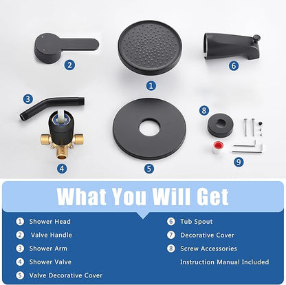 Tohlar Black Shower Faucet Set with Valve, 6-Inch Rain Shower Head and Faucet Combo, Single Handle Tub and Shower Trim Kit with Tub Spout, Matte Black