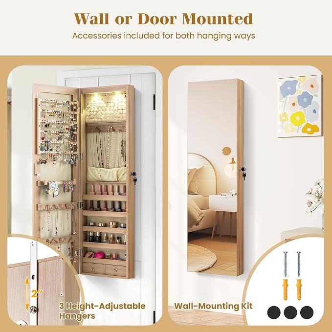 NAFORT 2 LEDs Full Length Mirror with Jewelry Armoire, Jewelry Organizers and Storage with 2 Mounting Options, 47.5”H Jewelry Cabinet with 2 Drawers, Make up & Lockable Jewelry Box, Natural Wood