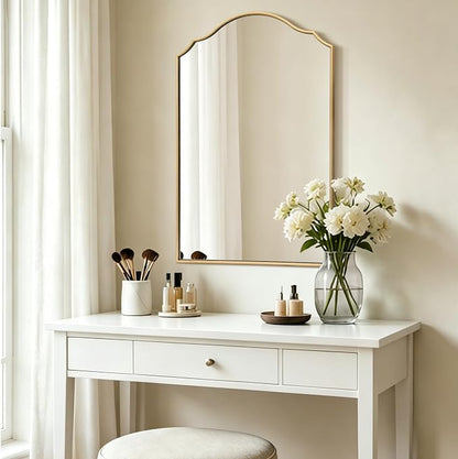 Besdomus Bathroom Mirrors for Over Sink: 24"x36" Gold Wooden Arched Mirror | Modern Minimalist Scalloped Decorative Wall for Vanity/Dresser/Mantel/Bedroom/Entryway/Hallway/Fireplace/Nightstand