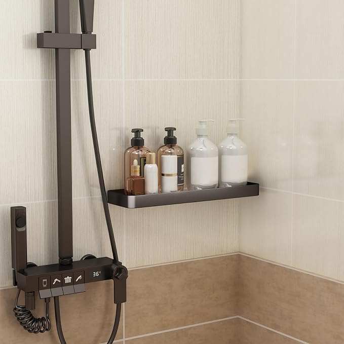 16-Inch Wall Shelf, Clear Tempered Glass with Matte Black Aluminum Frame – Sleek Floating Bathroom Organizer