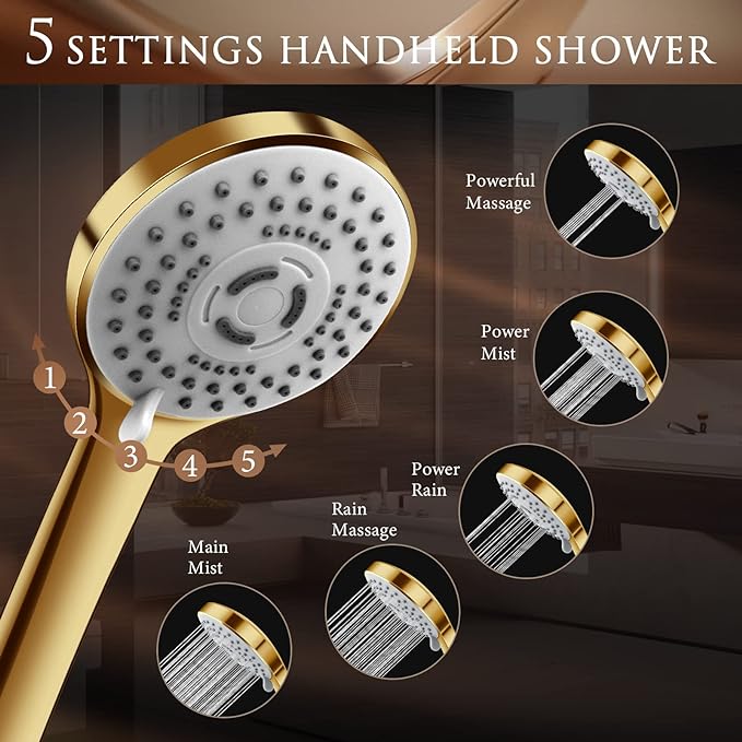 10" Gold Shower Head with Handheld, 5 Spray Handheld with 11" Extension Arm | High Pressure Rainfall Shower Head/Handheld Shower Combo with Adjustable Arm, 60" Hose Anti-leak (Gold)