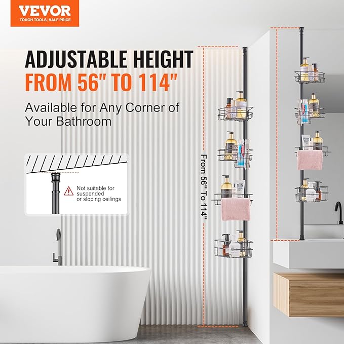 VEVOR Corner Shower Caddy Tension Pole, 4 Tier Adjustable Rustproof Organizer Shelves for Bathroom & Washroom, 42-114inch High, Black