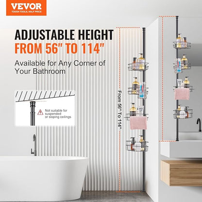 VEVOR Corner Shower Caddy Tension Pole, 4 Tier Adjustable Rustproof Organizer Shelves for Bathroom & Washroom, 42-114inch High, Black