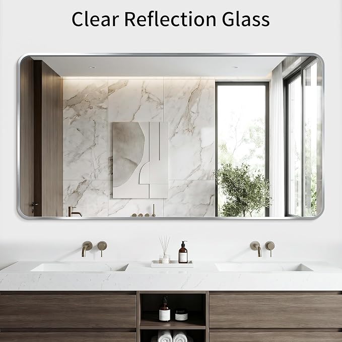 Bathroom Mirror, 30X55 Brushed Black Metal Framed Wall-Mounted Mirror for Over Sink, HD Tempered Glass, Anti-Rust, Rounded Rectangle Mirror for Restroom, Bedroom, Hangs Horizontal or Vertical, Silver