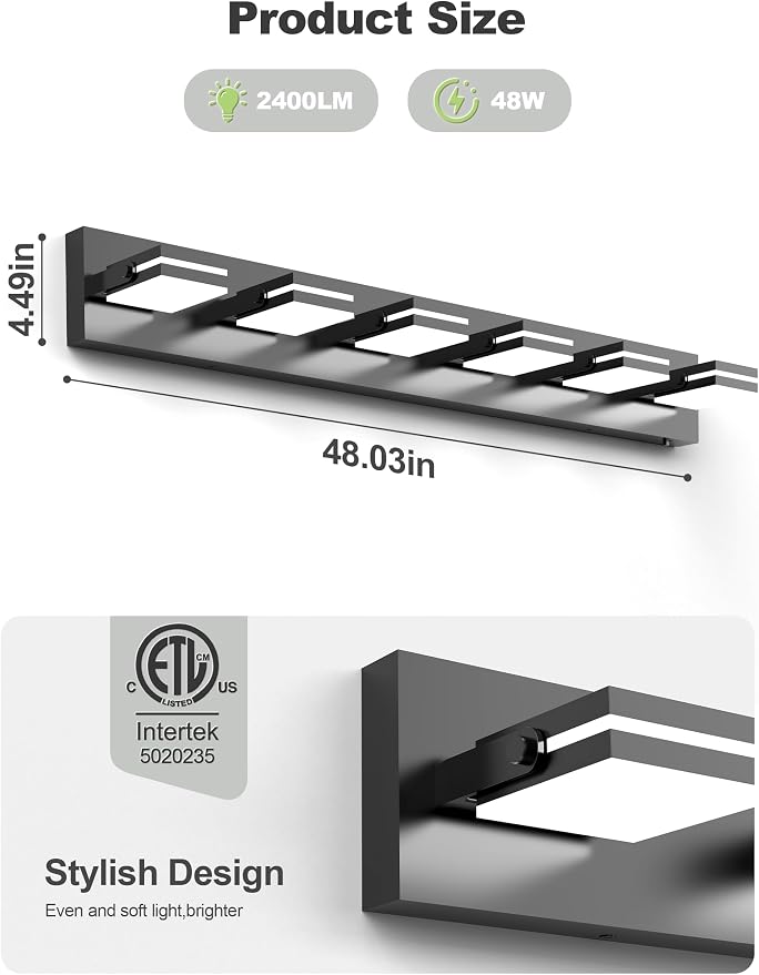 VOLISUN 6 Light Bathroom Vanity Light, 41.8 inch Dimmable Bathroom Light Fixtures Over Mirror, 5 Color Temperatures, 180°Rotatable Head, Black LED Vanity Lights for Bathrooms-ETL Certificated