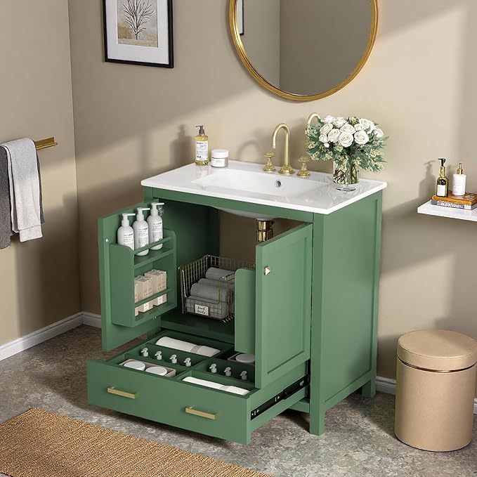 30" Freestanding Bathroom Vanity with Sink, Floor Stand Bathroom Storage Cabinet with Ceramic Sink, Doors with Double-Layered Storage Shelves, Modern Compact Vanity with Divided Drawer, Green