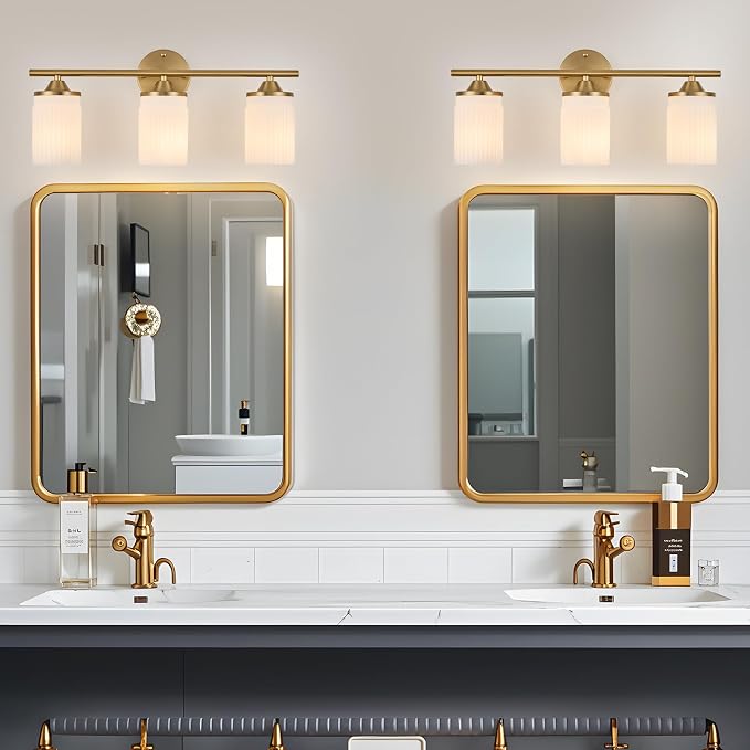 Jonsi Gold Bathroom Light Fixtures 3-Light Vanity Lights Modern Wall Sconce with Milk White Shade Brushed Brass Bathroom Light Fixture Over Mirror for Bedroom Hallway Kitchen