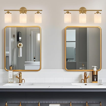 Jonsi Gold Bathroom Light Fixtures 3-Light Vanity Lights Modern Wall Sconce with Milk White Shade Brushed Brass Bathroom Light Fixture Over Mirror for Bedroom Hallway Kitchen