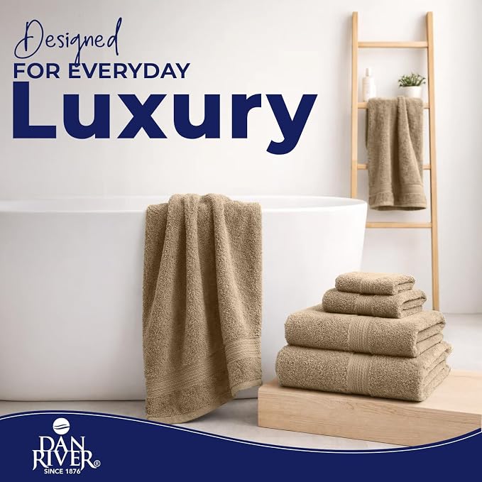 DAN RIVER 8 Piece Luxury Bath Towels for Bathroom, Towel Set, Tan | 2 Bath towels, 2 Hand towels, and 4 Wash Cloths, 600 GSM 100% Ring Spun Cotton, Highly Absorbent, Gym, Hotel, guest, and Spa